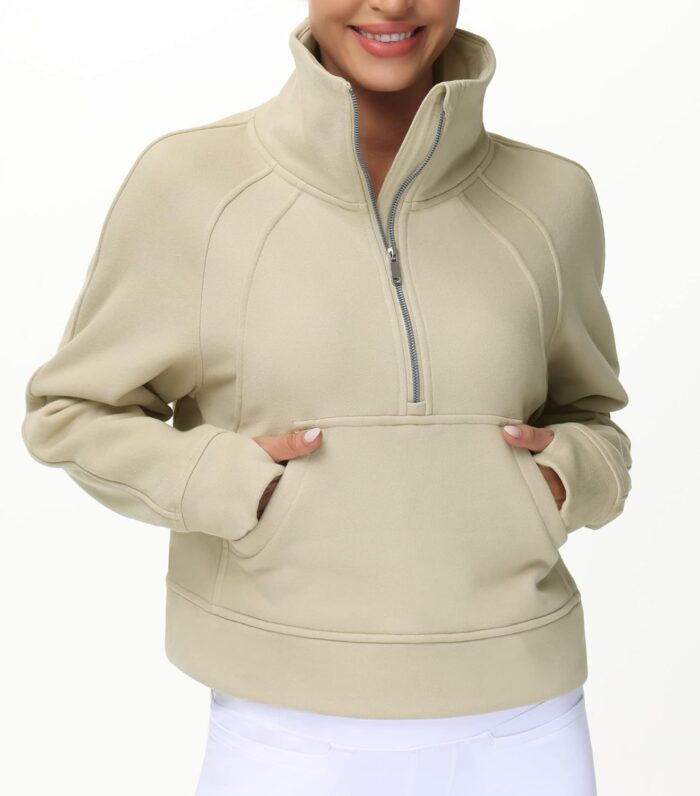 THE GYM PEOPLE Womens' Half Zip Pullover Fleece Stand Collar Crop Sweatshirt with Pockets Thumb Hole - Image 3