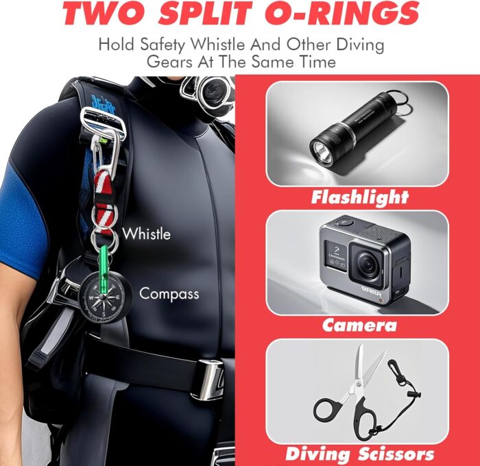 2Pack Scuba Split Ring Connector with Clips, 316 Stainless Steel Carabineer Keeper and Dual Split-Rings with Dive Flag Webbing Strap for Diving Flashlight, Whistle, Gauge, Camera to BCD Attachment - Image 4