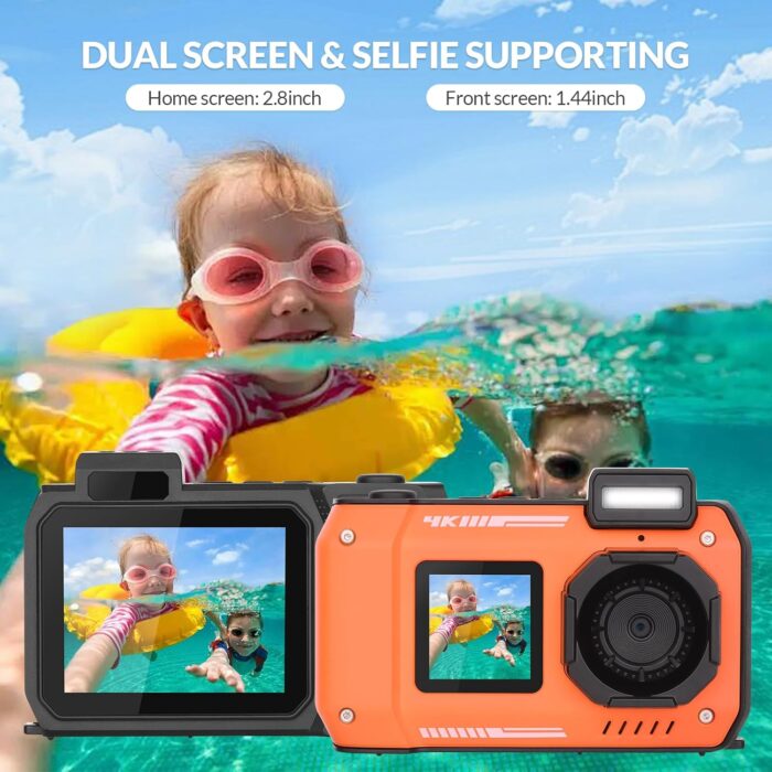 4K Underwater Camera 33 FT Waterproof Camera with Dual Screens Selfie Digital Camera Built-in 2500 mAh Battery 48MP Autofocus Waterproof Digital Camera for Snorkeling, Novice Photographer,Orange - Image 4
