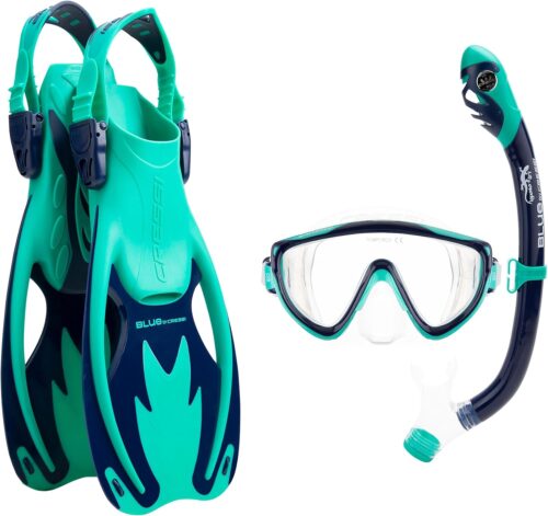 Cressi Kids Snorkeling Set- Short Adjustable Fins, Silicone Mask, and Dry Snorkel- Tinetto Rocks Dry Set- Designed in Italy