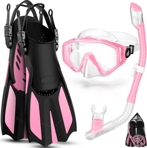 Odoland Snorkel Set, Adults Snorkeling Packages with Dry Top Diving Mask, Adjustable Swim Fins, Mesh Bag, Anti-Fog Anti-Leak Snorkeling Gear for Men Women