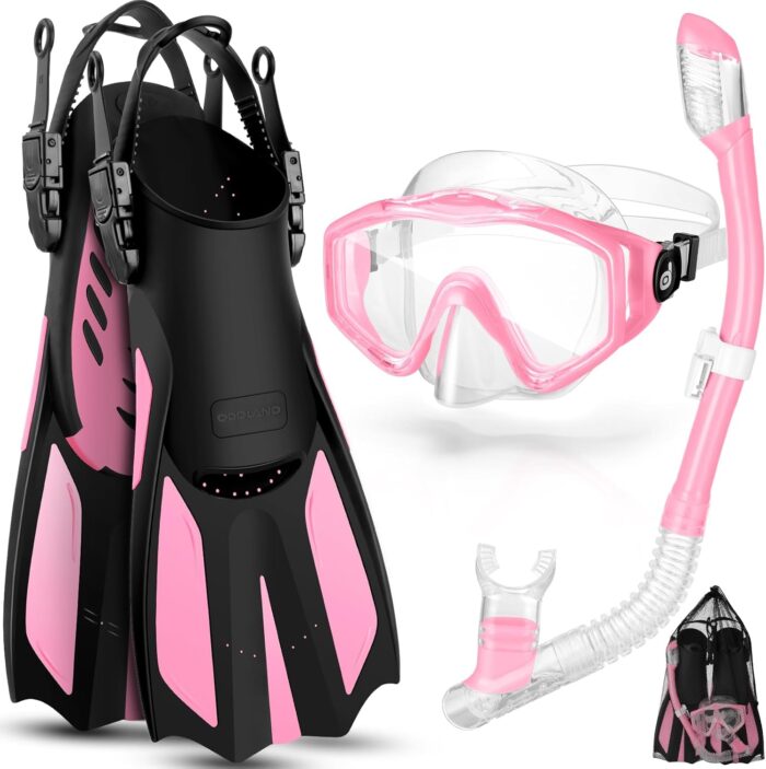 Odoland Snorkel Set, Adults Snorkeling Packages with Dry Top Diving Mask, Adjustable Swim Fins, Mesh Bag, Anti-Fog Anti-Leak Snorkeling Gear for Men Women