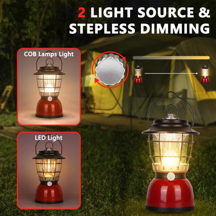 LED Camping Lantern Rechargeable Stepless Dimming Vintage Rechargeable Vintage Lantern, 4000mAh Power Bank, IPX5 Waterproof Portable Hanging Lamp for Camping Hiking Emergency and Power Outage - Image 2