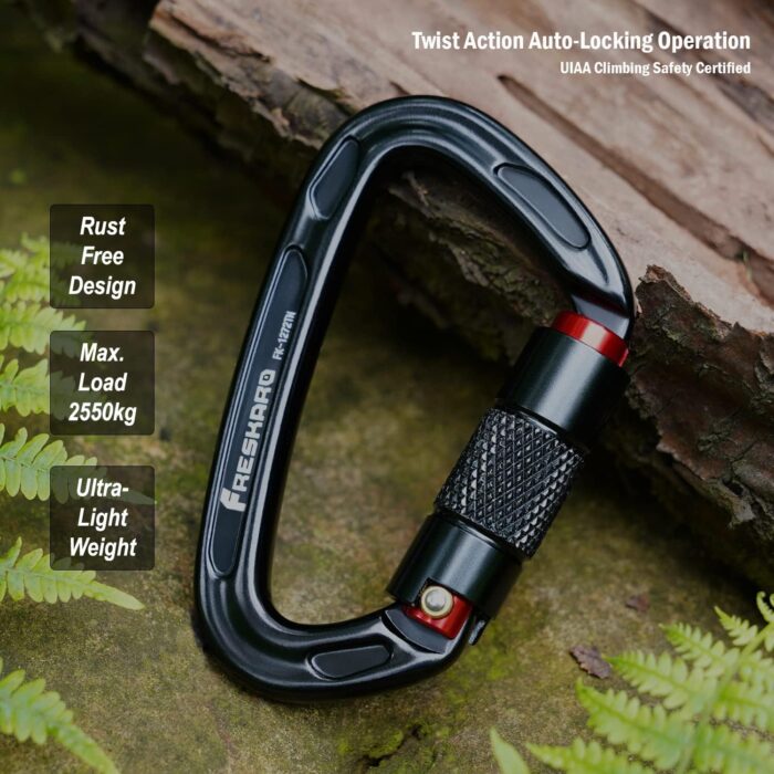 FresKaro UIAA Certified 25KN Auto Locking Climbing Carabiner Clips, Twist Lock, and Heavy Duty Carabiners for Rock Climbing, Rappelling, and Mountaineering, D Shaped 3.93 Inch, Large Size, Black - Image 6