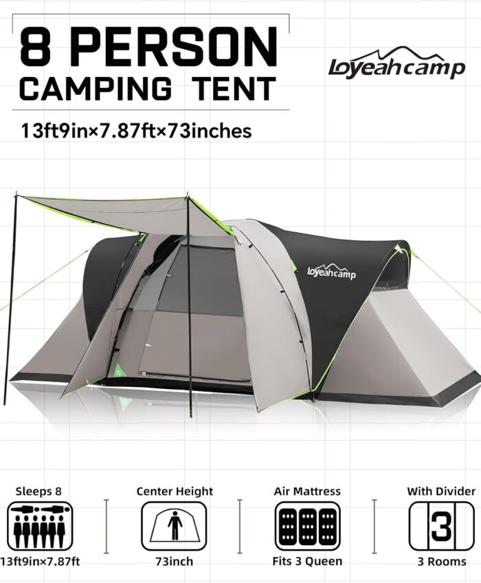8 Person Larger Extended Dome Camping Tent with 3 Rooms, Waterproof Semi-Freestanding Family Outdoor Tent with Spacious Interior and Mesh Windows - Image 2