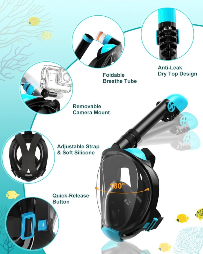 Mask Fins Snorkeling Gear for Adults, Full Face Snorkel Mask & Adjustable Swim Fins Snorkel Set, Panoramic View Snorkel Mask Dry Top Anti-Fog Anti-Leak - Image 2