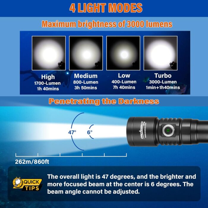 ORCATORCH D710 Scuba Diving Light, 3000 Lumens Super Bright Underwater Flashlight with 6 Degrees Narrow Beam, IP68 Waterproof Night Dive Torch 150 Meters Submersible Light (Black) - Image 2