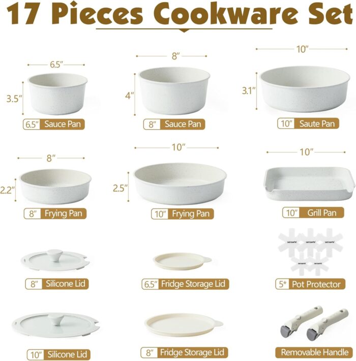 SENSARTE 17 Piece Pots and Pans Set, Nonstick Detachable Handle Cookware Set, Induction Kitchen Cookware Set with Removable Handle, Healthy Non Stick for RV, Dishwasher ＆ Oven Safe, PFOA Free (White) - Image 2