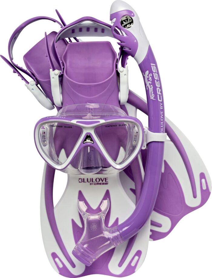 Cressi Junior Snorkeling Kit for Young Aged 3 to 10 - Mask + Dry Snorkel + Adjustable Fins + Net Bag - Lightweight Colorful Equipment - Rocks Pro Dry Set