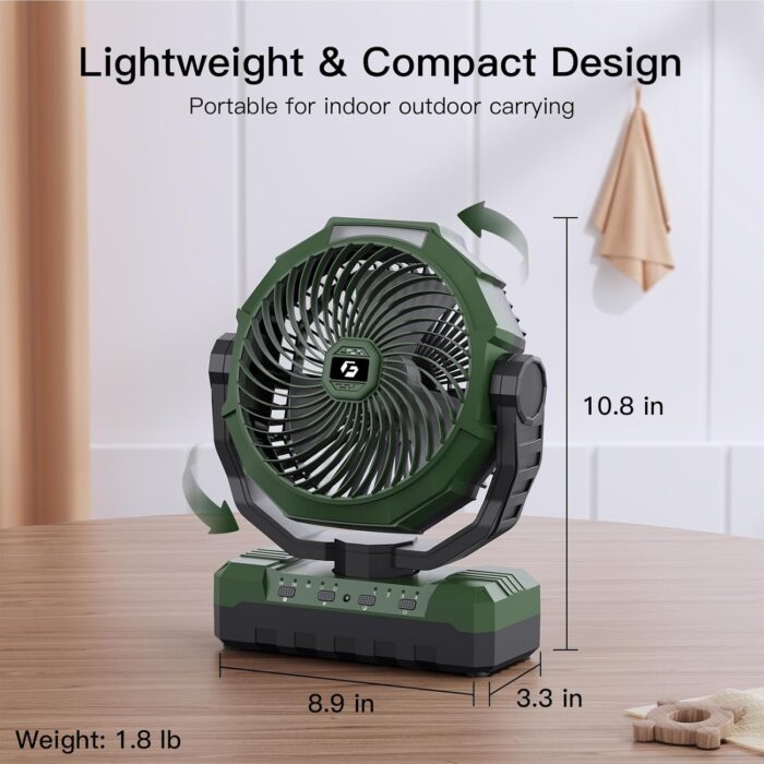 FRIZCOL 3-in-1 Camping Fan - Portable Fans Rechargeable - 24000mAh Battery Powered Fan(140Hrs) with Light & Remote for Indoor, Outdoor, Tent, Travel, BBQ, Fishing, Jobsite - Green - Image 7