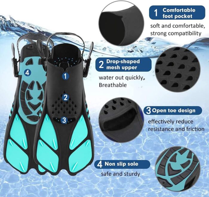 Sugaroom Swim Fins Open Heel, Adjustable Snorkel Fins Diving Fins with Mesh Bag, Snorkeling Gear Flippers Travel Size Short Flippers for Lap Swimming Scuba Dive Adult Men Women Kids - Image 4