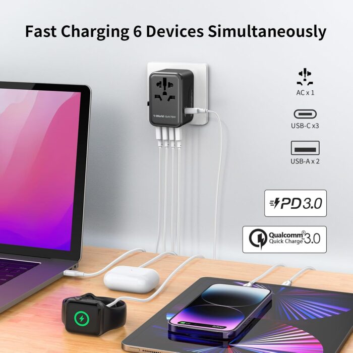MOMAX Universal Travel Adapter, 70W GaN International Power Adapter, 3 USB-C & 2 USB-A, Worldwide Travel Plug Adapter, International Power Adapter for Most Europe, USA, Japan, Australia (Type C/A/G/I) - Image 4