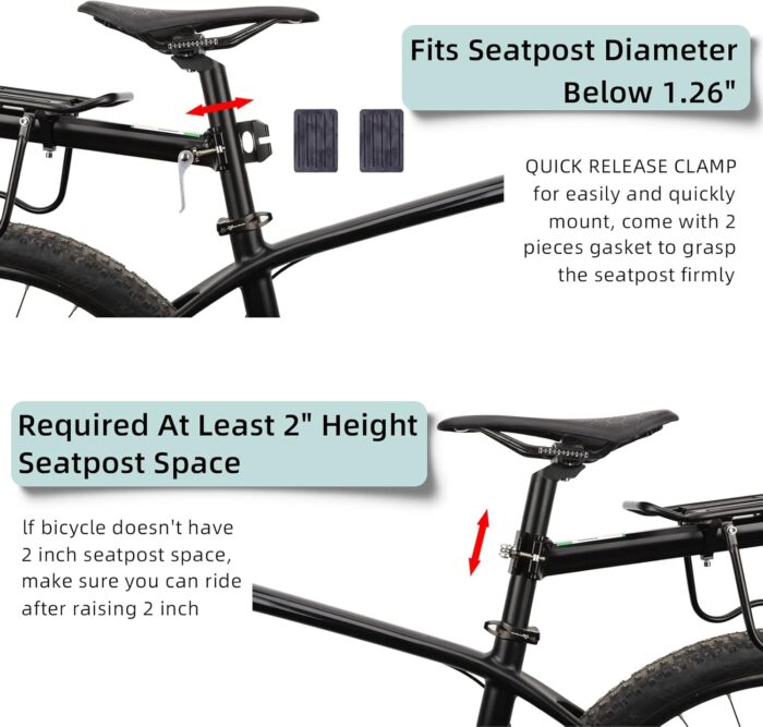 ROCKBROS Rear Bike Rack Bike Cargo Rack Adjustable Bicycle Luggage Carrier Rack Rear Quick Release Mountain Bike Pannier Rack with Elastic Band and Reflector, Most 165 lbs Capacity - Image 3