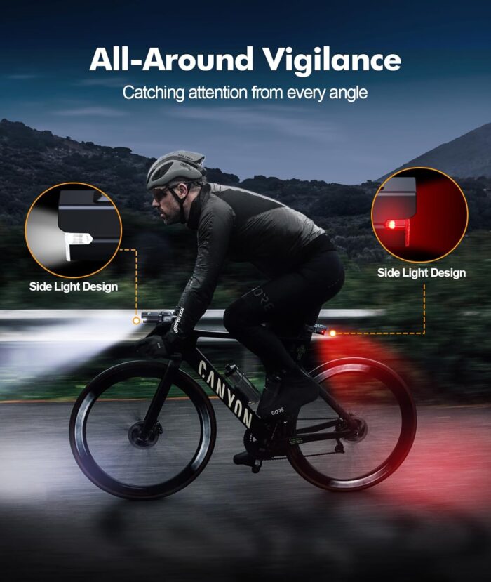 3+6 Modes Bike Lights for Night Riding with Side Light, Rechargeable & IP65 Waterproof Bicycle Light, Bike Headlight and Tail Light Set for Road Mountain Cycling - Image 2