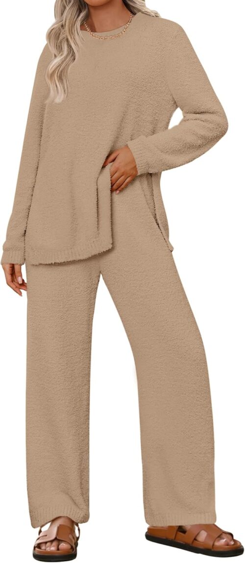 NENONA Women's Fuzzy Fleece Lounge Sets 2 Piece Loungewear Outfits Oversized Tunic Sweater Wide Leg Pants Pajama Sets