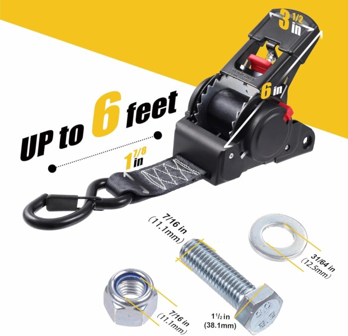 Ayaport Retractable Ratchet Straps 2 inch x 6ft Boat Transom Tie Down Straps to Trailer - 3300lbs Break Strength, Heavy Duty Bolt-on Trailer Straps for Boat, Jet Ski, Motorcycles, ATV - Image 4