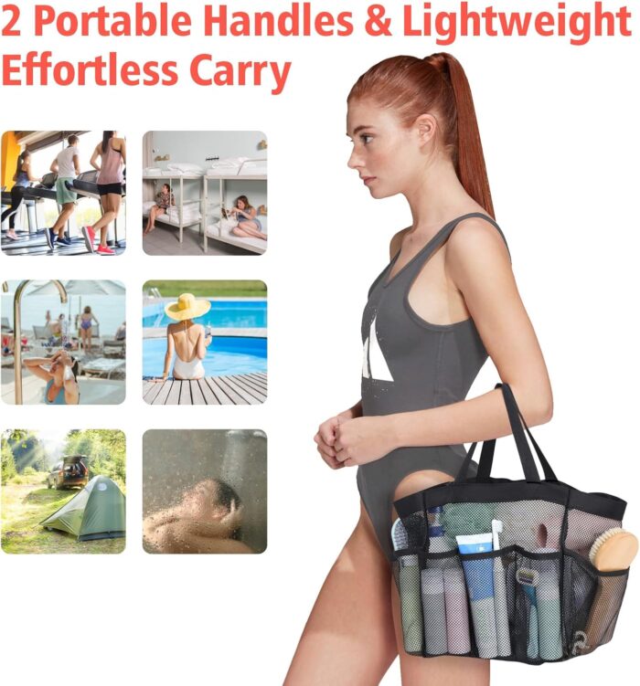 F-color Mesh Shower Caddy Portable, Upgrade Deeper 7 Pockets Shower Bag Basket Tote for College Dorm Room Toiletry Bathroom Essentials Gym Camp Quick Dry 2 handles with S Hook, Black - Image 4