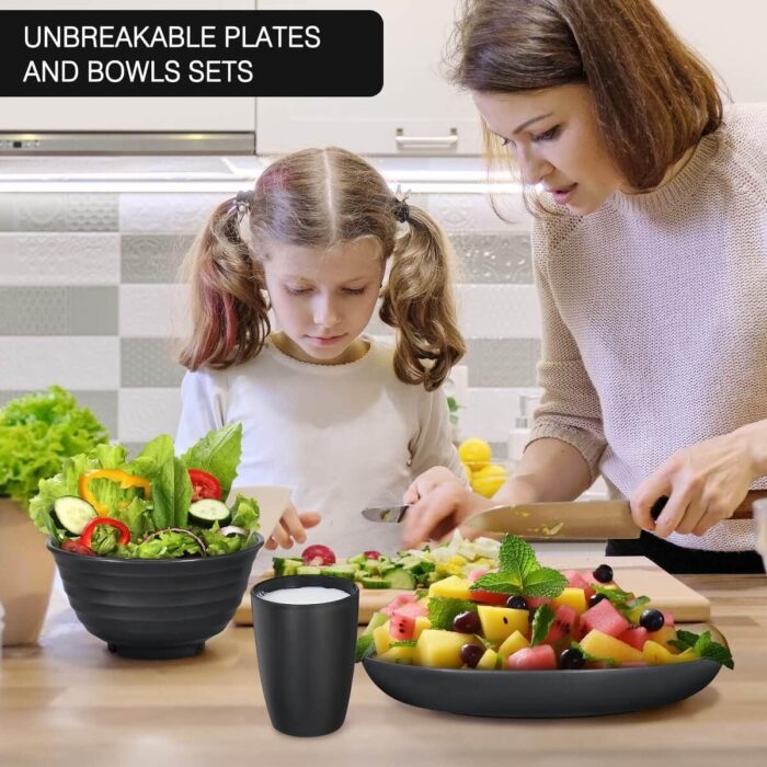 12pcs Plastic Wheat Straw Dinnerware Sets, Wheat Straw Plates and Bowls Sets for 4 College Dorm Room Essentials Microwave Dishwasher Safe (Black) - Image 6