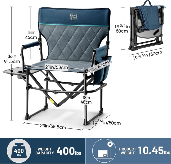 TIMBER RIDGE Aluminum Camping Directors Chair with Side Table Pocket, Portable Folding Heavy Duty Lawn Chair for Fishing Trip Picnic Concert Outdoor 400lbs, Navy 2 Pack - Image 2