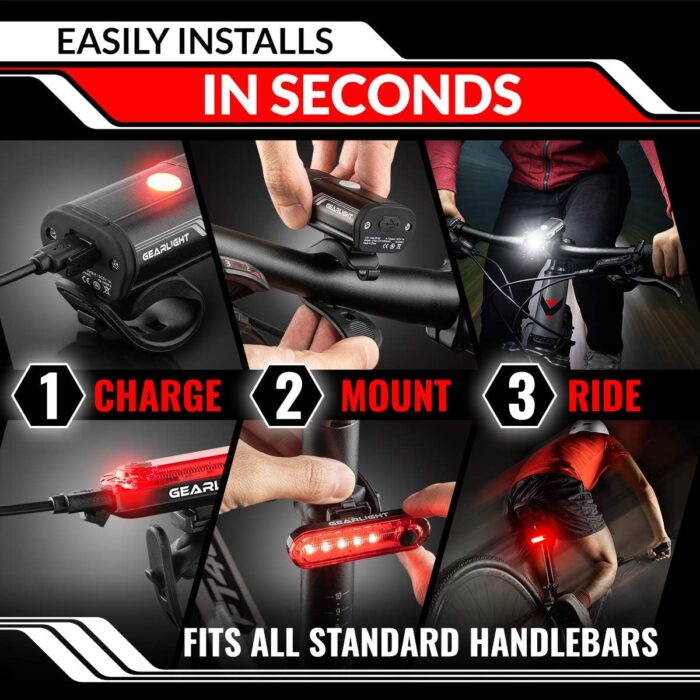 GearLight Rechargeable Bike Light, Bike Headlight and Tail Light Set, Powerful Front and Back Lights for Night Riding Safety, Night Riding Accessories, White Elephant Stocking Stuffer for Men - Image 6