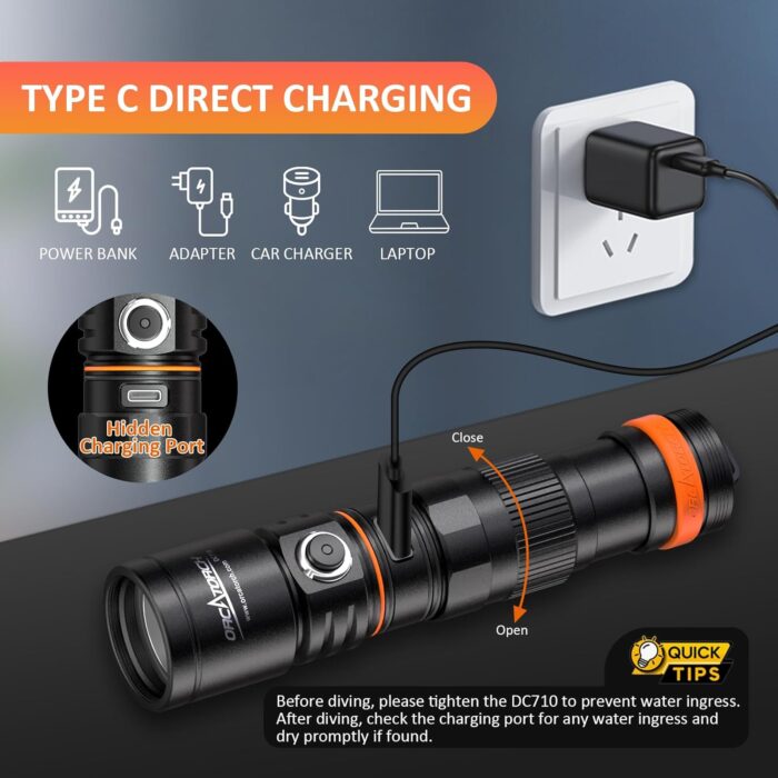 ORCATORCH DC710 Scuba Dive Light Type C Rechargeable, 3000 Lumens Super Bright Underwater Flashlight, IP68 Waterproof Submersible Torch with WS02 Wrist Strap Mount for Hands-Free Diving - Image 2