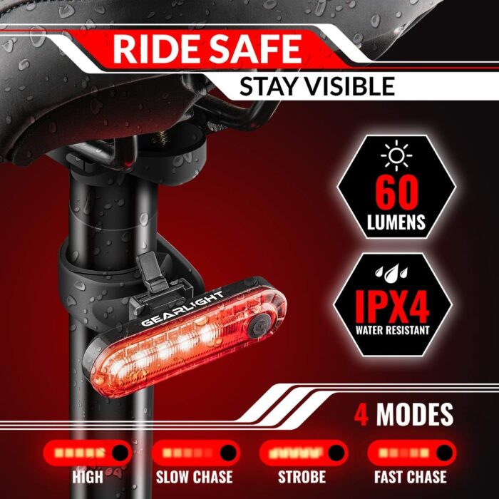 GearLight Rechargeable Bike Light, Bike Headlight and Tail Light Set, Powerful Front and Back Lights for Night Riding Safety, Night Riding Accessories, White Elephant Stocking Stuffer for Men - Image 4