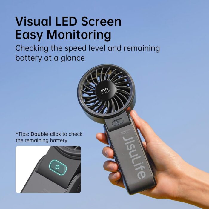 JISULIFE Handheld Fan Life7 – Ultimate Flexibility: High-Power Motor, LED Display, 19.5 Hrs Cooling, 5000mAh Rechargeable, 5-Speed, Foldable Design, 3-IN-1 Portable Fan for Travel Cruise Beach(Black) - Image 5