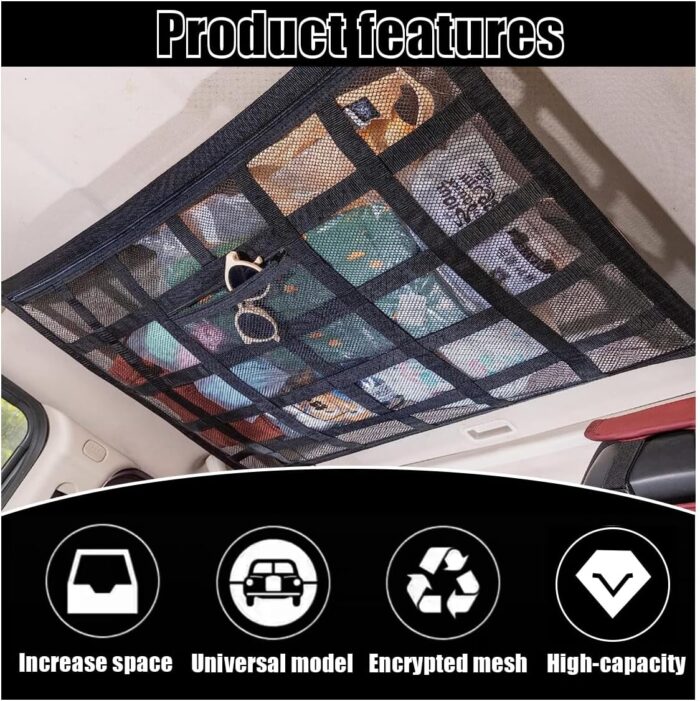 Car Ceiling Cargo Net Pocket, 30" x 21.2", Droop Less Car Storage Organizer, Strengthen Load Bearing Double Layer Mesh Organizer, SUV, Trucks, Camping, Road Trip Essentials - Image 3