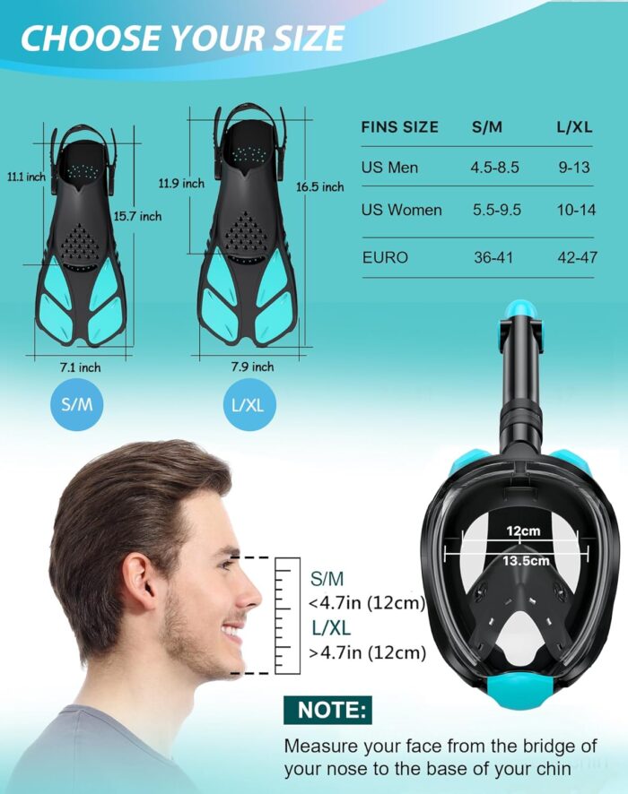 Mask Fins Snorkeling Gear for Adults, Full Face Snorkel Mask & Adjustable Swim Fins Snorkel Set, Panoramic View Snorkel Mask Dry Top Anti-Fog Anti-Leak - Image 6