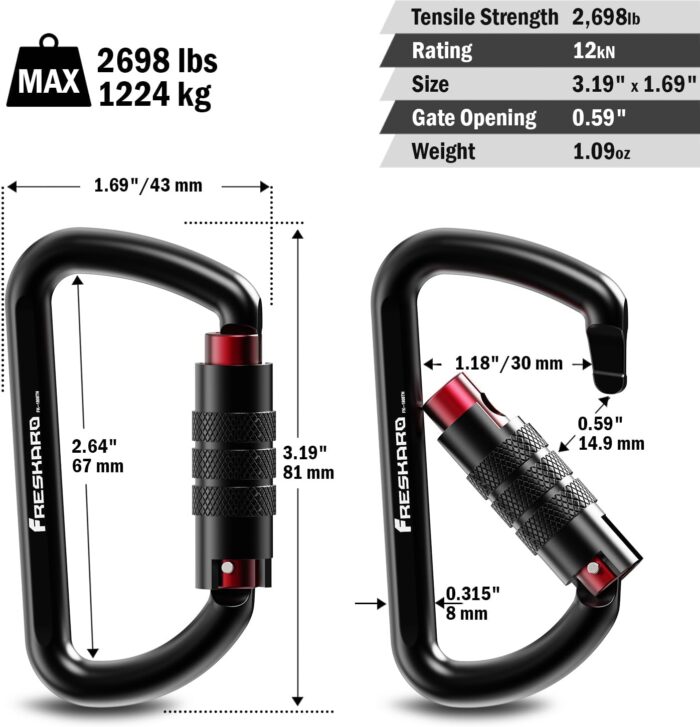 FresKaro 3inch 12kN-2698lbs Auto Locking Carabiner Clips, Solid D Shape, Heavy Duty 7075 Aluminum, Lightweight 1.09oz, Rust Proof, for Hammock, Hiking, Dog Leash, Keychain etc., Multi-Colors - Image 4