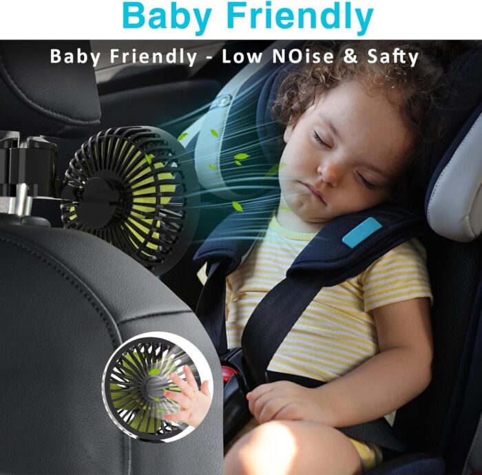 Dealswin USB Car Seat Fans for Backseat: Protable Car Cooling Fan for Car Rear Seat Baby Kids, 3 Speeds and 360 Degree Rotatable Car Rear Seat Headrest Fan for Sedan, SUV, RV, Van Strong Wind - Image 4