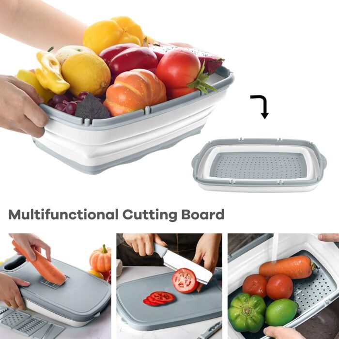 Gintan Camping Cutting Board, 9-in-1 Collapsible Chopping Board with Colander, Kitchen Vegetable Washing Basket for Camping, Camping Gifts Camping Accessories for RV Campers (Gray) - Image 6