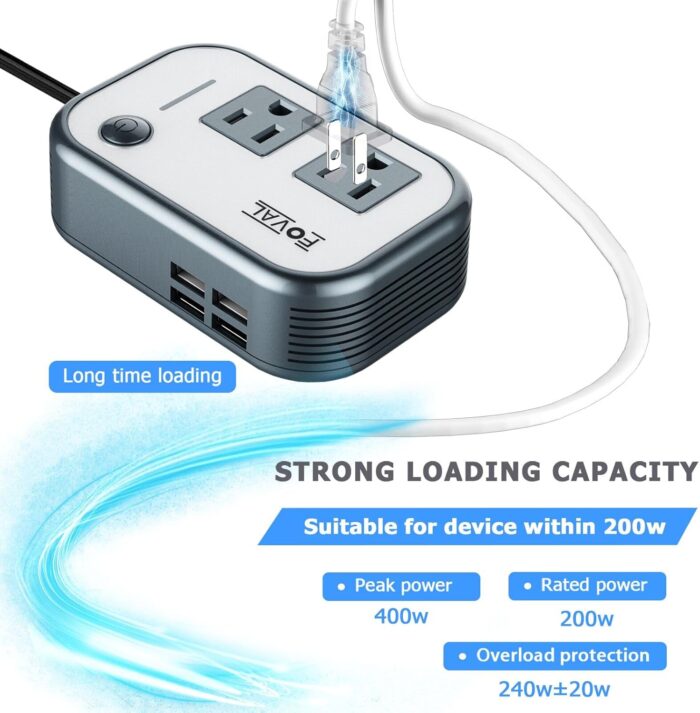 200W Car Power Inverter, FOVAL 12V DC to 110V AC Car Inverte with 4 USB Ports Car Outlet Adapter, Power Inverter for Vehicles, Car Plug Adapter Outlet for Laptop Computer Charger - Image 3