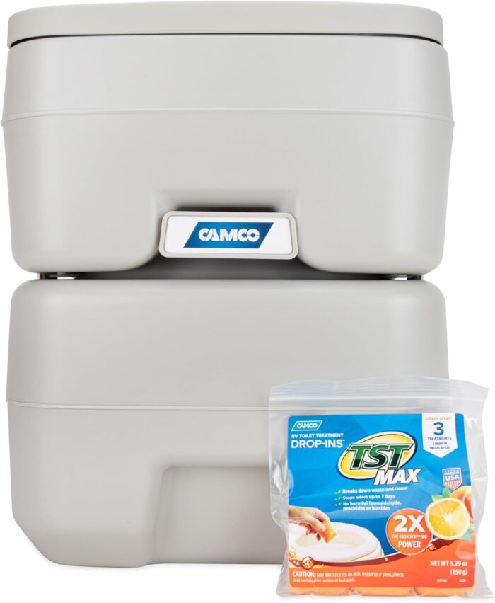 Camco 5.3-Gallon Portable Toilet - Features Detachable Holding Tank w/Sealing Slide Valve & Bellow-Type Flush - Easy Transport w/Compact Lightweight Design & Carry Handle - Gray (41541) - Image 2