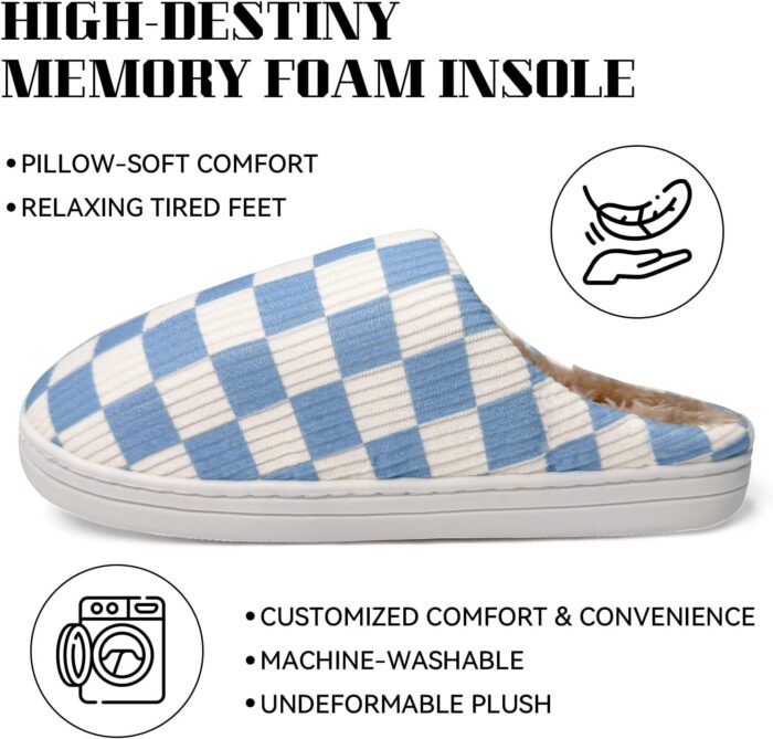 Checkered Memory Foam Slippers - Women's & Men's Soft Warm Bedroom House Slippers with Faux Fur Lining - Indoor/Outdoor - Pink, White, Black - Size 8/9 - Image 8