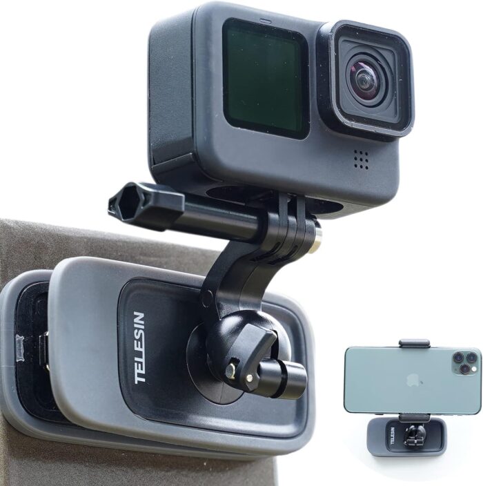 TELESIN Magnetic Mount, 360° Rotating Backpack Clip with Phone Holder for Go Pro iPhone Accessories for Hero 13 12 11 10 Akaso Insta360 X5 X4 X3 Ace Pro 2 DJI Action 5 Pro 4 3 Pocket 3 Bike Motorcycle