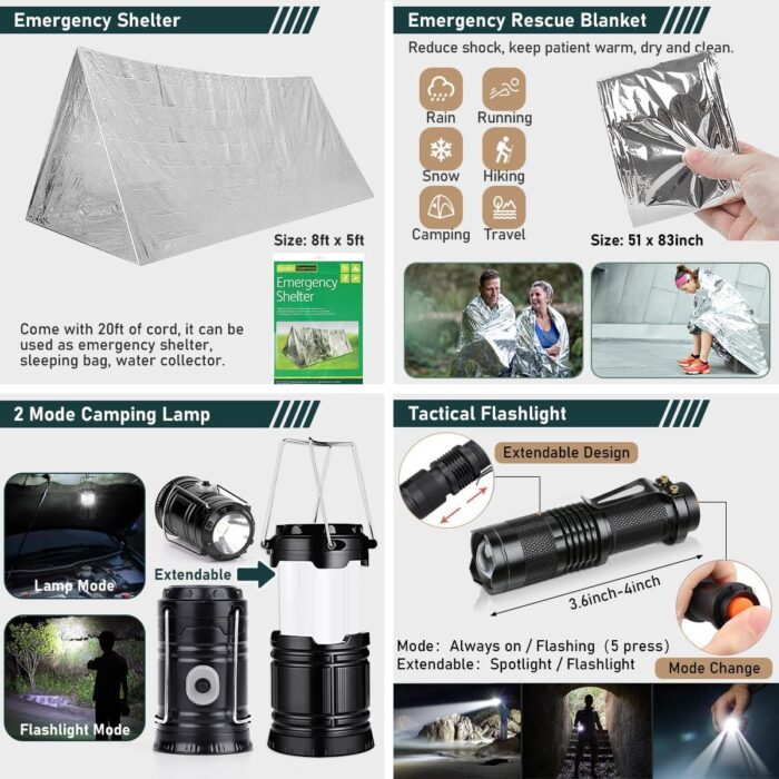 Survival Kit, 262Pcs Survival Gear and Supplies with First Aid Kit Pouch and Crossbody Bag, Emergency Kit with Tent, Camping Axe Hammer, Survival Shovel w/Pick, Bug Out Bag Gifts for Men Women - Image 5