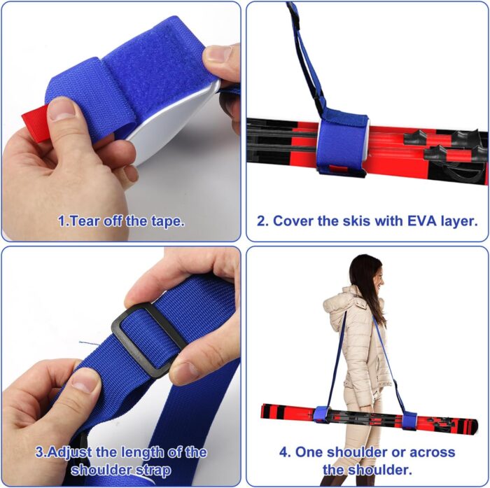 2 Pairs Ski Fastener Tapes, Adjustable Ski Boot Straps with Protector Pads Ski Carrier Straps Ski Wraps Ties Gear Storage for Ski Poles Boards Carrying Outdoor Winter Sports Accessories (Blue) - Image 5
