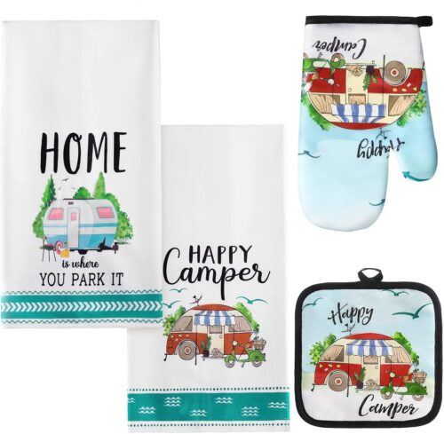 4 Pcs Camping Dish Towels Pot Holders Oven Mitts Set Making Memories One Campsite at a Time RV Kitchen Towels Soft Absorbent Pot Holder Camper Oven Mitt Dish Cloths Hand Towels