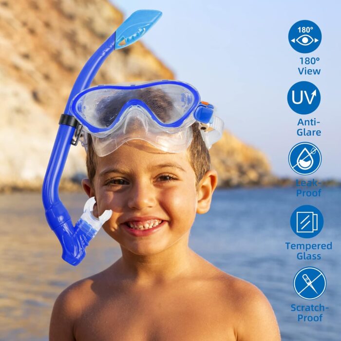Kids Snorkeling Set with Flippers+Panoramic Snorkel Mask+Dry Top Snorkel+Earplugs+Gear Bag,Snorkeling Gear for Kids,Youth,Boys and Girls Age 5-12 - Image 2