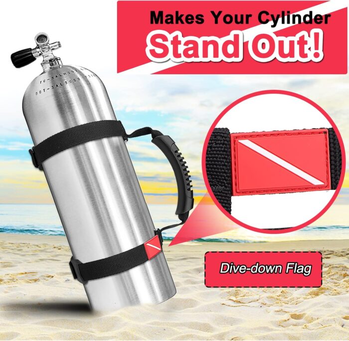 Scuba Diving Tank Carrier, Heavy-Duty Webbing 316 Stainless Steel Adjustable Tank Holder Air Cylinder Carrier Strap with Ergonomic Handle, Non-Slip Pad, and Dive Flag Design Black - Image 4