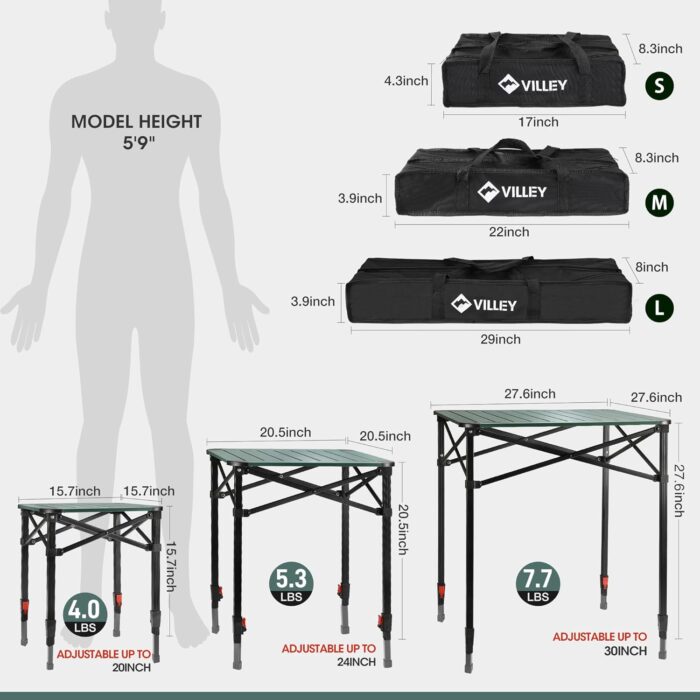 VILLEY Folding Camping Square Table with Carry Bag, Lightweight Aluminum Adjustable Square Table for Outdoor, Camping, Picnic, Backyards, BBQ (S) - Image 3