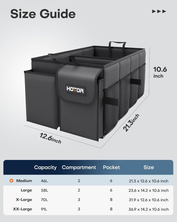 HOTOR Trunk Organizer - Car Organizer, Foldable Trunk organizer for SUVs & Sedans, Sturdy Car Organization for Car Accessories, Tools, Sundries, Black, 2 Compartments, 21.3"×12.6"×10.6" - Image 3