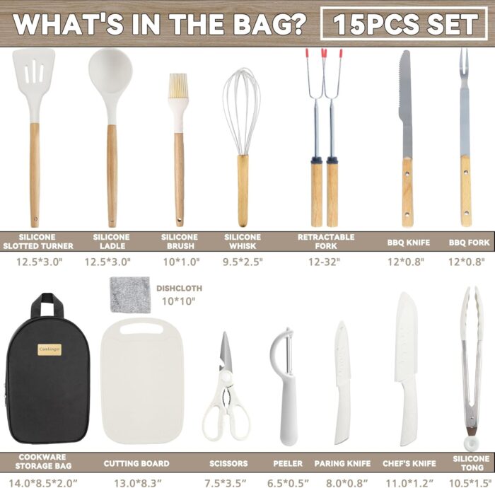Camping Accessories Kitchen Cooking Utensils Set - Portable Outdoor Camp Cookware Set, Silicone Camper Essentials Gear Must Have Supplies for Travel RV BBQ Grill Picnic Hiking - Image 2