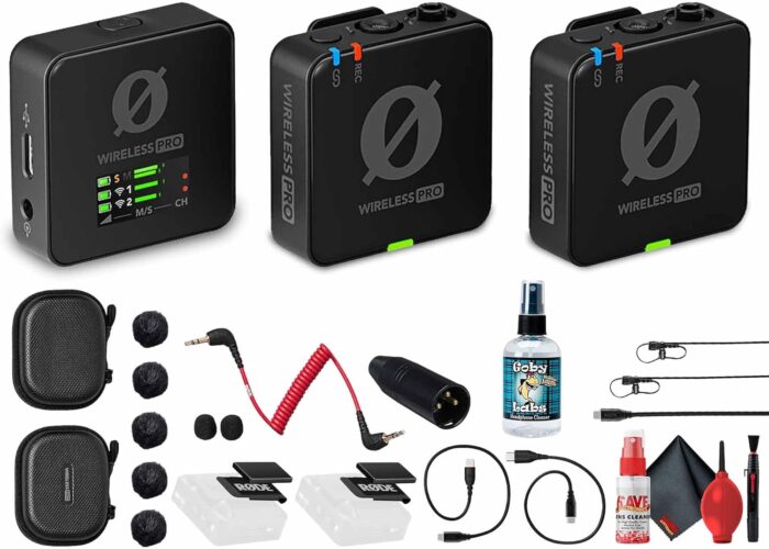 Rode Wireless PRO 2-Person Clip-On Wireless Microphone System/Recorder with Lavaliers (2.4 GHz) (WIPRO) + VXLR Adapter + Headphone Cleaner + Cleaning Kit