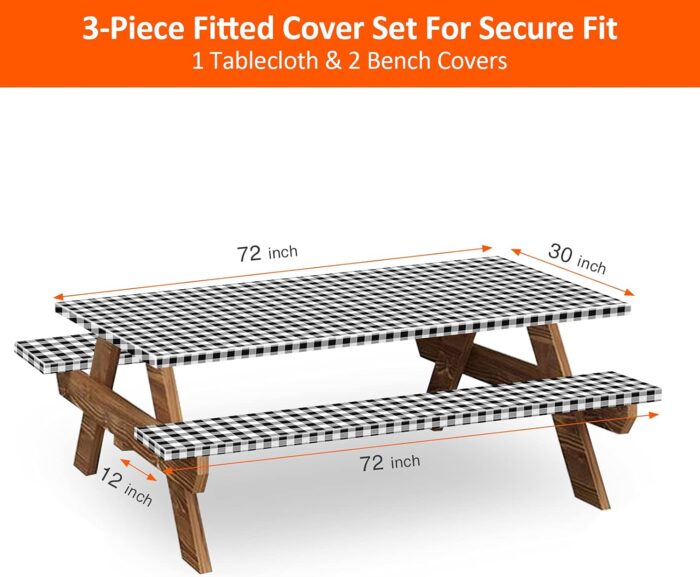 KENOBEE 6ft Picnic Table and Bench Cover, Camping Essentials RV Gear, 72in Waterproof Windproof Outdoor Elastic All Around Tablecloth, Fitted Rectangle Tables and Seats, Black-White Checkered - Image 2