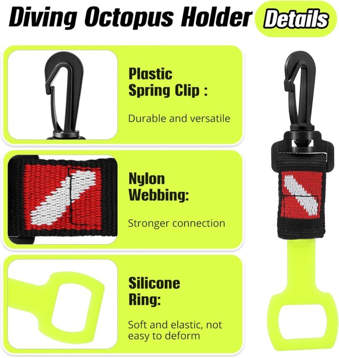 2 Pack Scuba Diving Regulator Octopus Holder, Octopus Mouthpiece Retainer with Spring Clip, Dive Flag Webbing and Silicone Ring, 2nd Stage Regulator Keeper for Divers and Snorkelers - Image 3