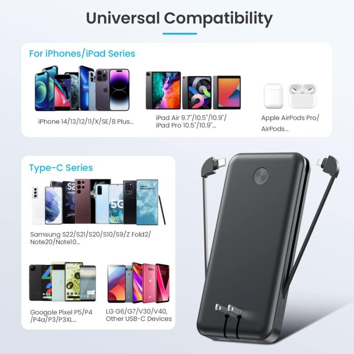 Portable Charger with Built-in Cables & AC Wall Plug,Upgraded 13800mAh USB-C Power Bank, 4 Output LCD Display External Battery Pack Phone Charger Compatible with iPhone 16/15/14/13 Samsung Android etc - Image 6