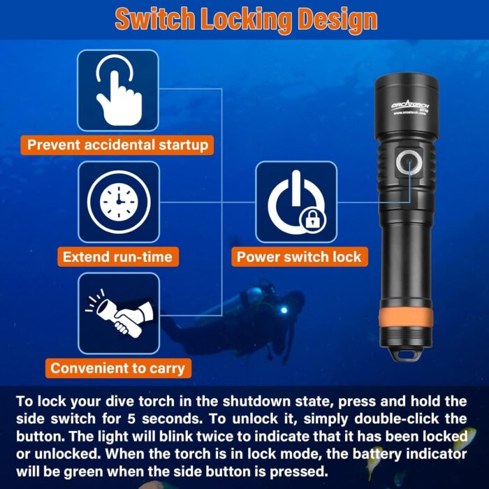 ORCATORCH D710 Scuba Diving Light, 3000 Lumens Super Bright Underwater Flashlight with 6 Degrees Narrow Beam, IP68 Waterproof Night Dive Torch 150 Meters Submersible Light (Black) - Image 4