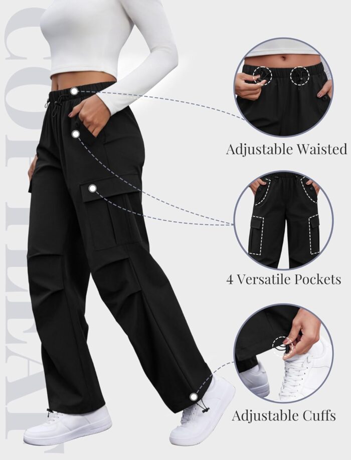 Cargo Pants Women Elastic Waisted Parachute Hiking Pants with Pockets Water-Resistant Lightweight Baggy Pants - Image 5